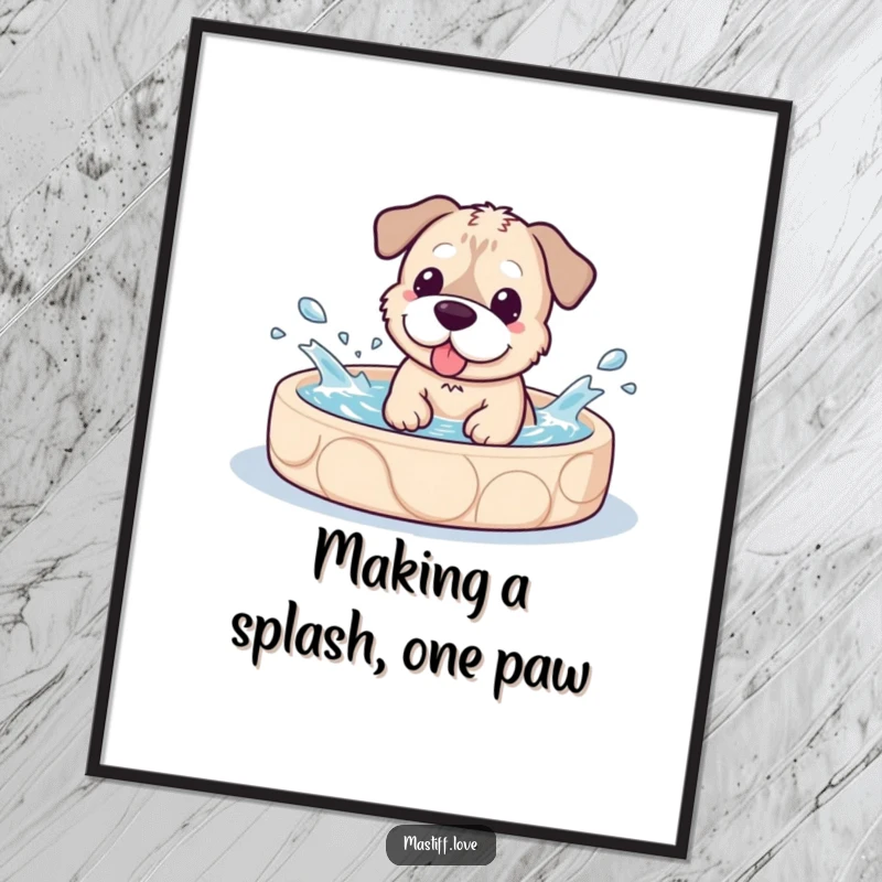 Funny free printable wall art of a super cute kawaii mastiff dog joyfully splashing water in a kiddie pool.