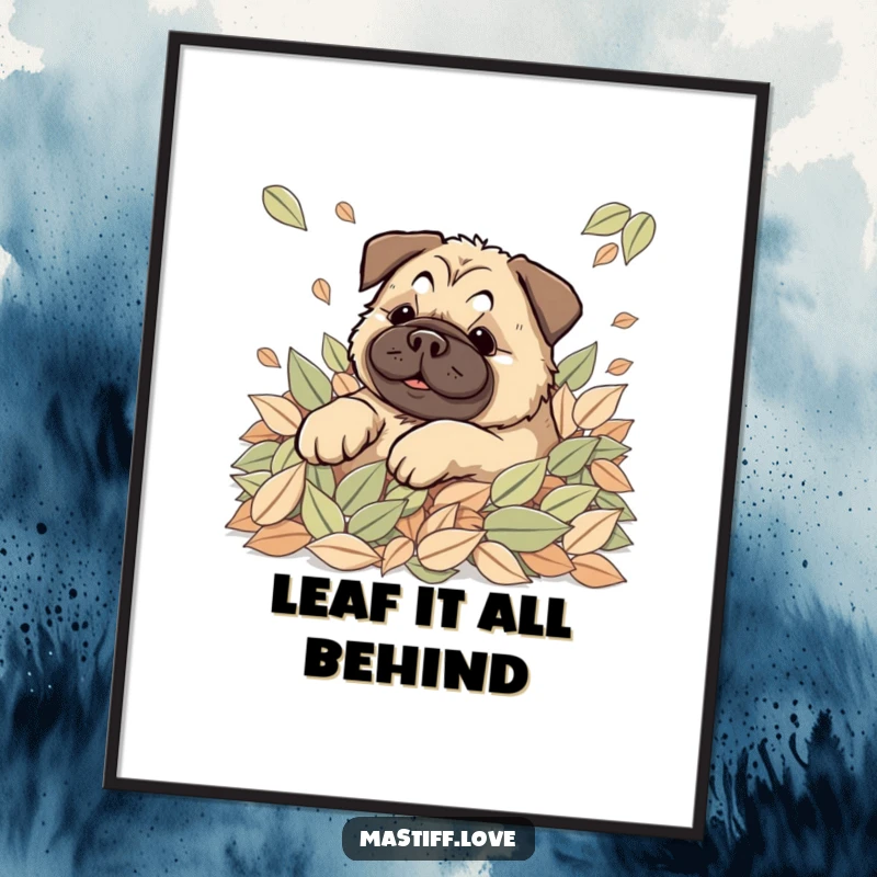 Funny Free Printable Autumn Mastiff Wall Art: A kawaii mastiff blissfully rolling in a large pile of soft leaves.