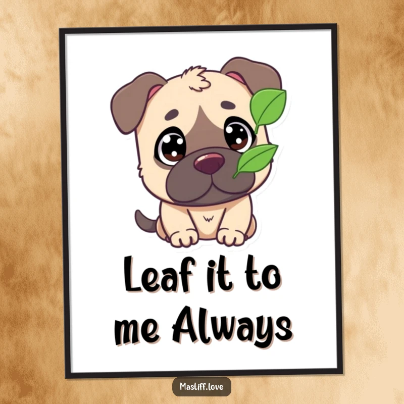 Funny Free Printable Wall Art: Cute Mastiff with Big Eyes Watching a Single Leaf Fluttering in the Breeze