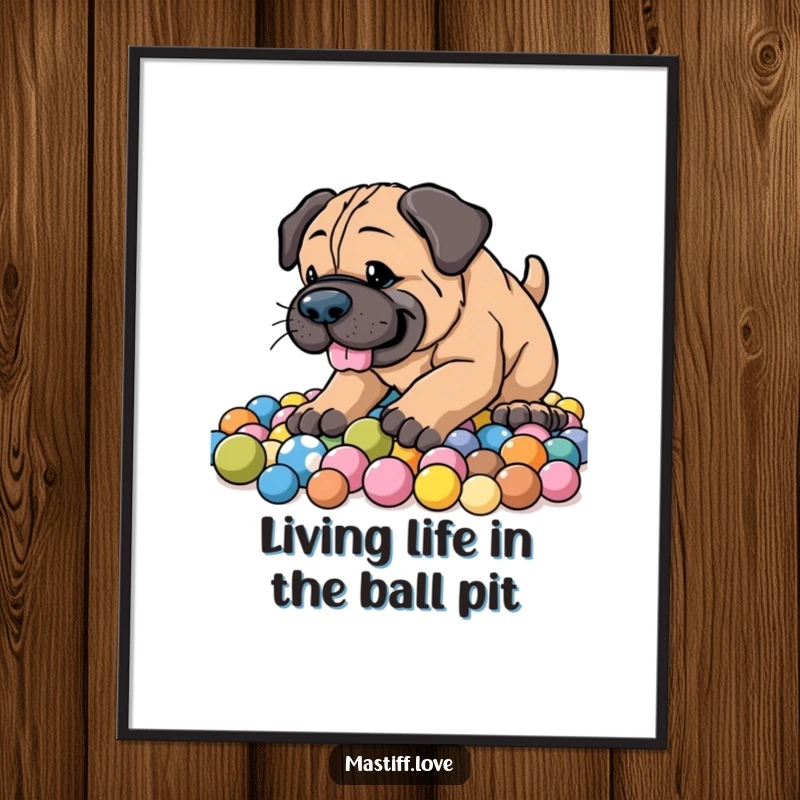 Funny Free Printable Wall Art: An energetic mastiff enthusiastically digging in a huge pile of colorful balls. Playful dog art.