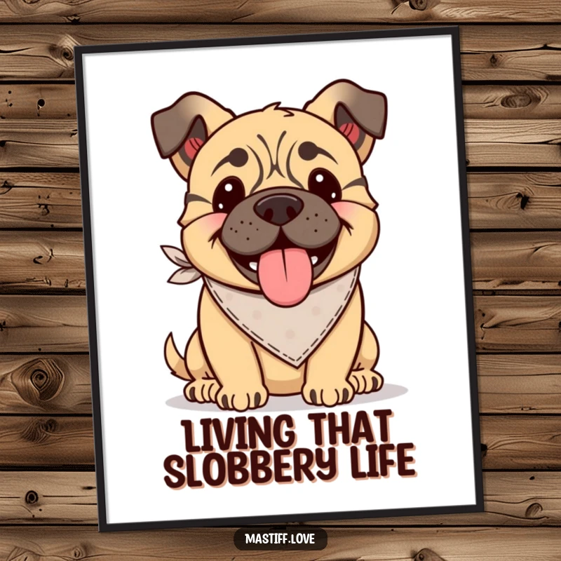 Funny Free Printable Wall Art: Kawaii mastiff wearing a tiny bandana, tongue lolling out happily, radiating pure joy and good humor.