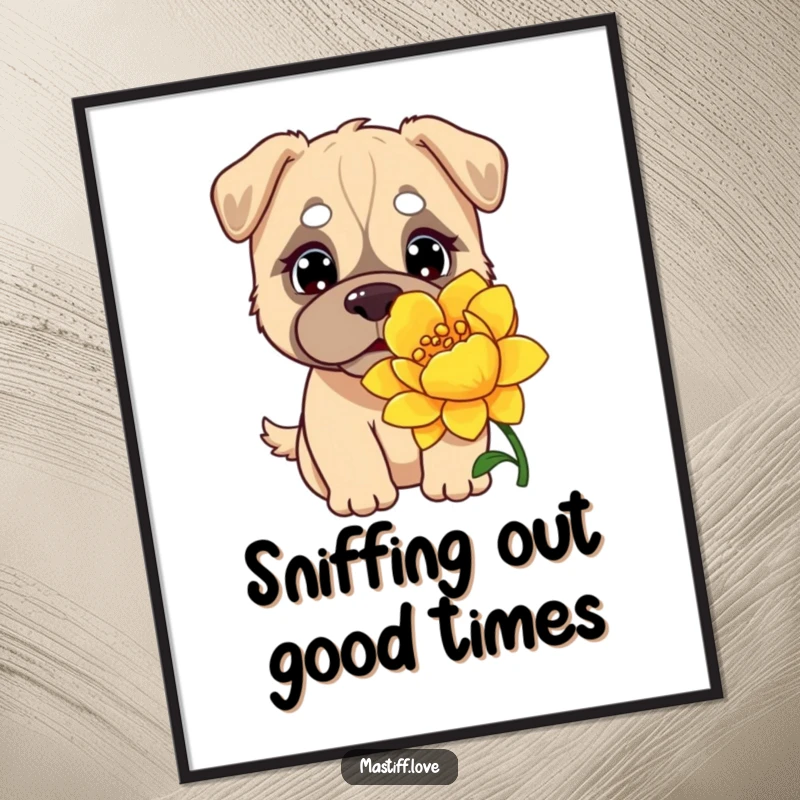 Funny free printable wall art of a kawaii mastiff with big eyes sniffing a massive, colorful flower, brimming with curiosity.