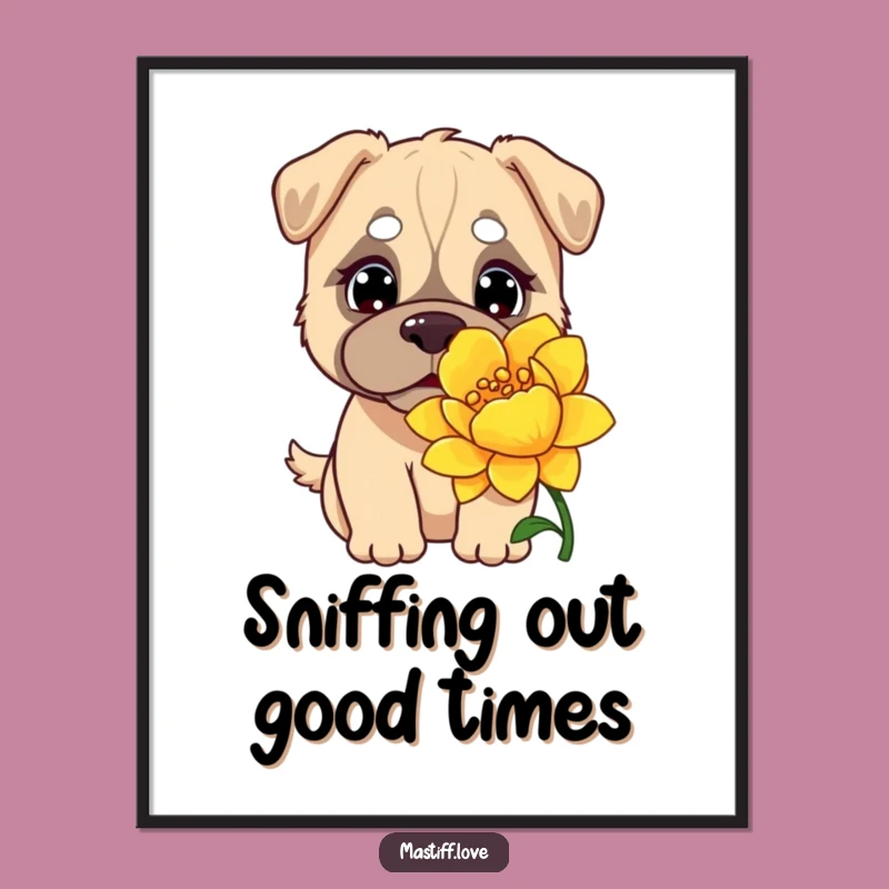 Free Printable Kawaii Mastiff Art: Curious Sniffing Flower Laughing, Downloadable Wall Decor