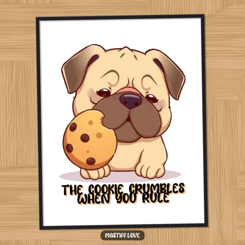 Funny Free Printable Wall Art: Kawaii mastiff with intense concentration, balancing a massive cookie on its nose, humorous digital art.