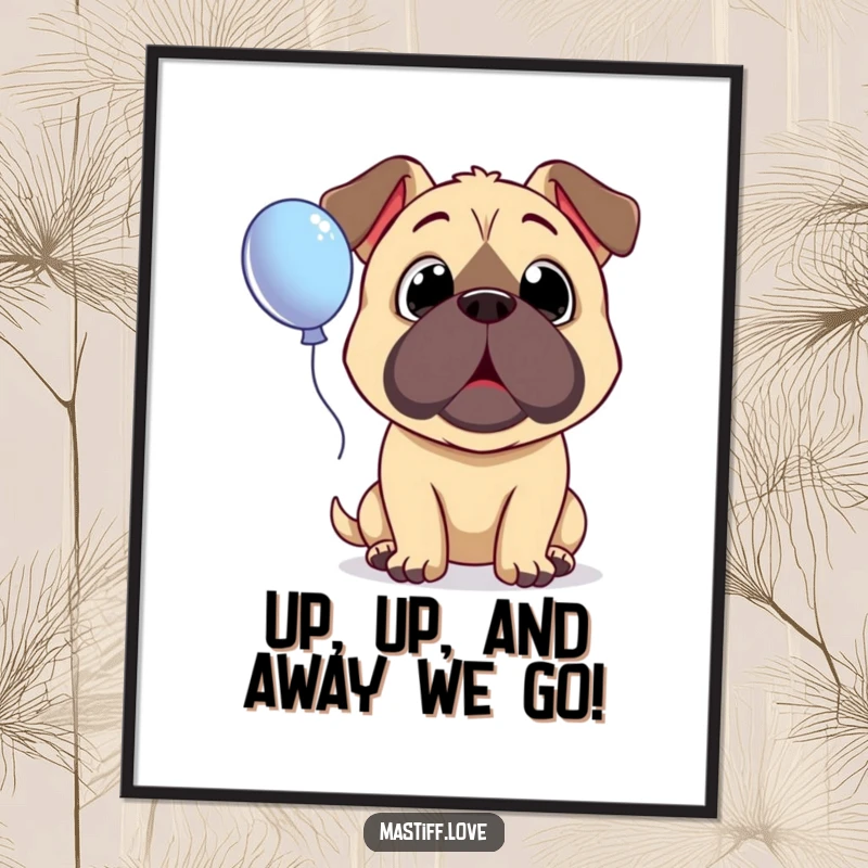 Funny Free Printable Wall Art: A mastiff with wide, innocent eyes looking up in utter surprise at a floating balloon. Whimsical dog art.