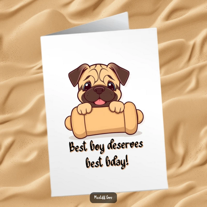 Funny Free Printable Birthday Card: Joyful Mastiff Puppy Peeks from an Oversized Chew Toy happily