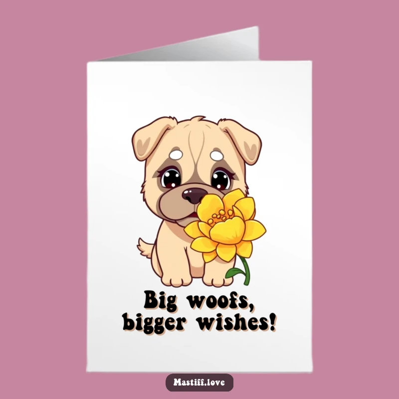 Free Printable Kawaii Mastiff Birthday Card: Hilarious Sniffing Flower Fun Downloadable Gift
