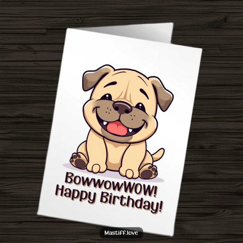 Funny Free Printable Birthday Card: A mastiff with a wide grin performs an enthusiastic playful bow.