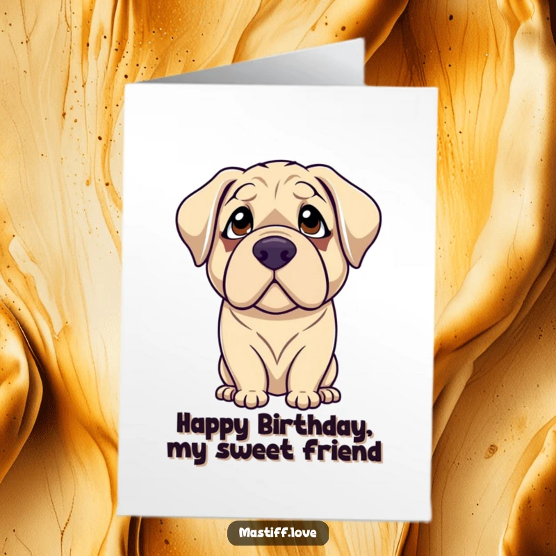 Funny Free Printable Birthday Card: A gentle mastiff with droopy eyes looking up with pure adoration, wishing Happy Birthday.