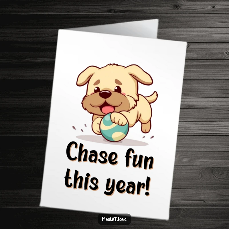 Funny free printable birthday card: a cute, kawaii mastiff puppy energetically chasing a red bouncing toy.