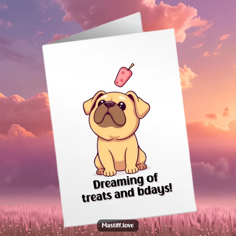 Funny Free Printable Birthday Card: A mastiff with floppy ears stares longingly upwards at a suspended treat.