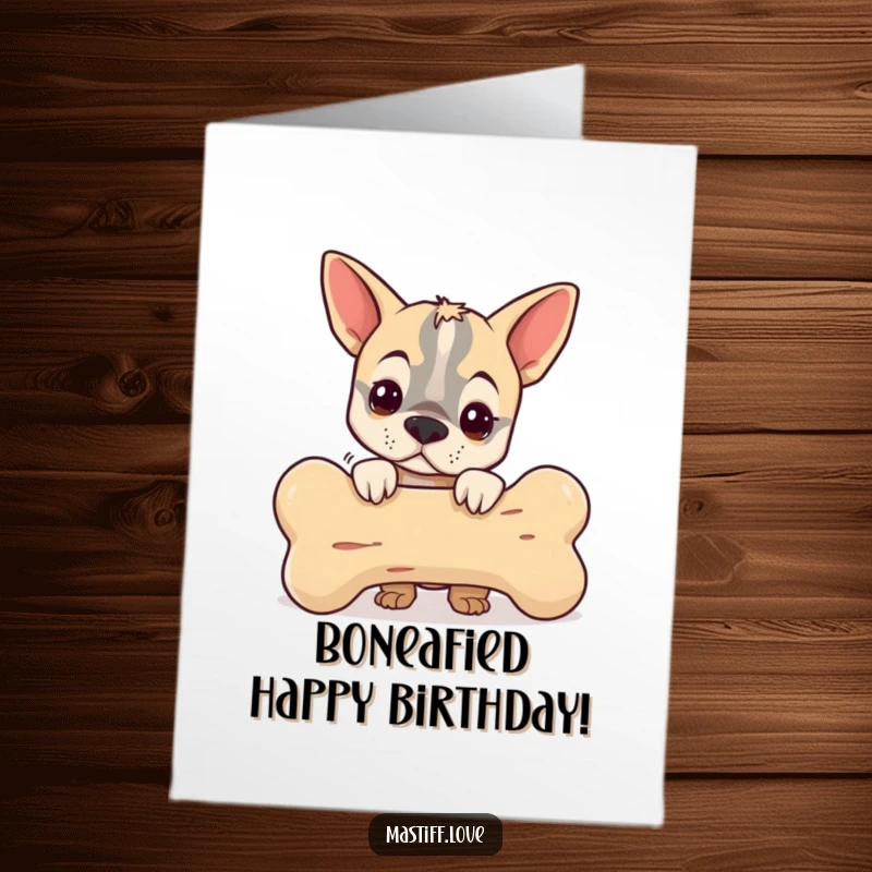 Funny Free Printable Birthday Card: A small mastiff peeking mischievously from behind an enormous, delicious-looking bone.