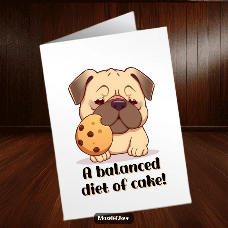 Funny Free Printable Birthday Card: Kawaii mastiff concentrating hard to balance a massive cookie on its cute nose, sweet surprise inside.