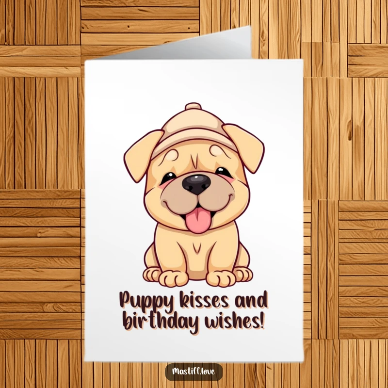 Funny Free Printable Birthday Card: Adorable mastiff puppy wearing a hat, giving a gentle, loving lick. A sweet and humorous puppy greeting.