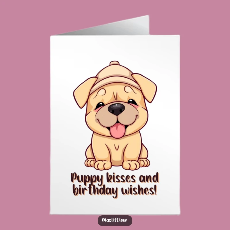 Free Printable Birthday Card: Smiling Mastiff Puppy Hat Lick - Funny Dog Downloadable Gift