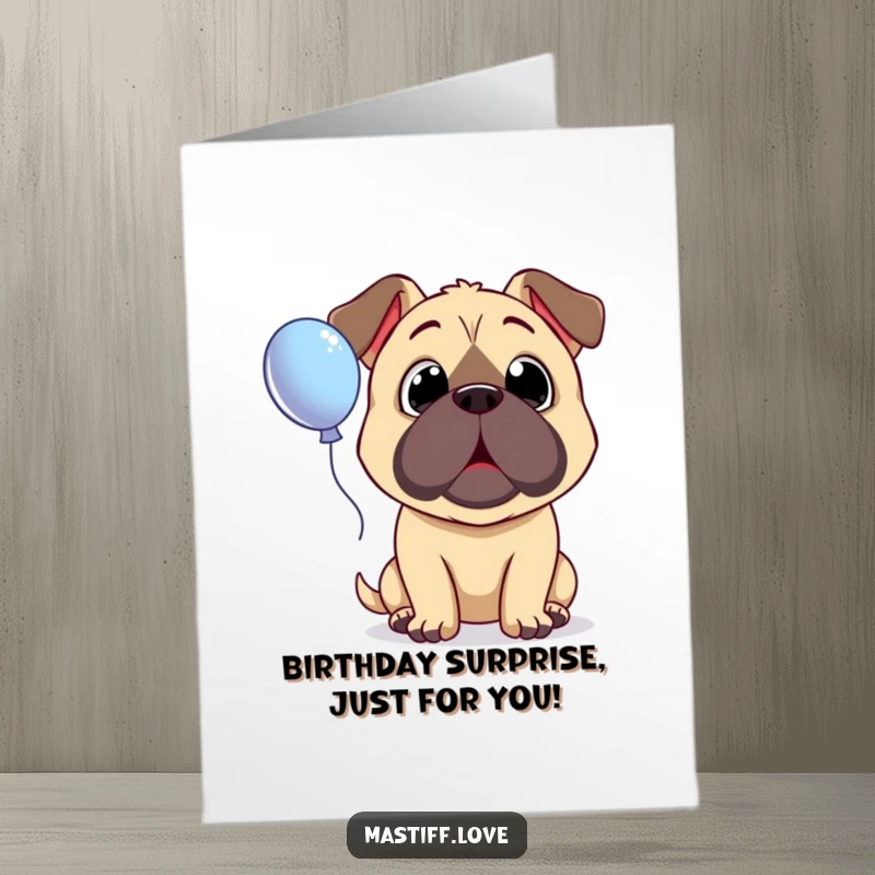 Funny Free Printable Birthday Card: A mastiff with wide, innocent eyes looking up in pure surprise at a floating balloon. Adorable.
