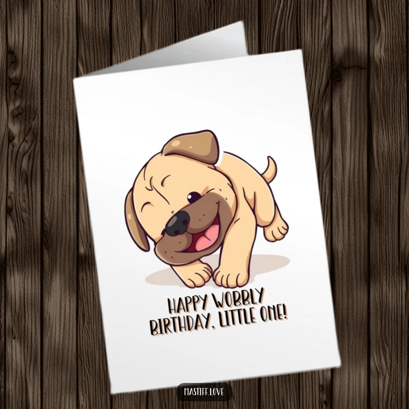 Funny Free Printable Birthday Card: Mastiff puppy clumsily tumbling head over paws with a big smile, celebrating with abandon.