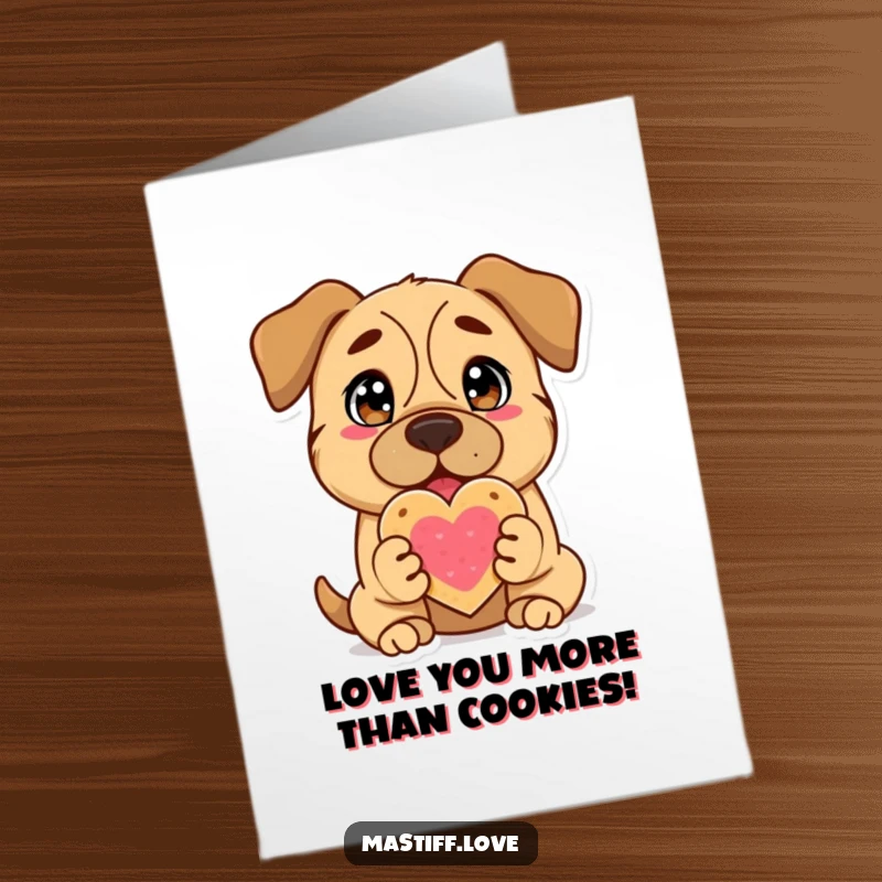 Funny free printable birthday card featuring a delighted mastiff offering a heart-shaped cookie with adoring eyes.