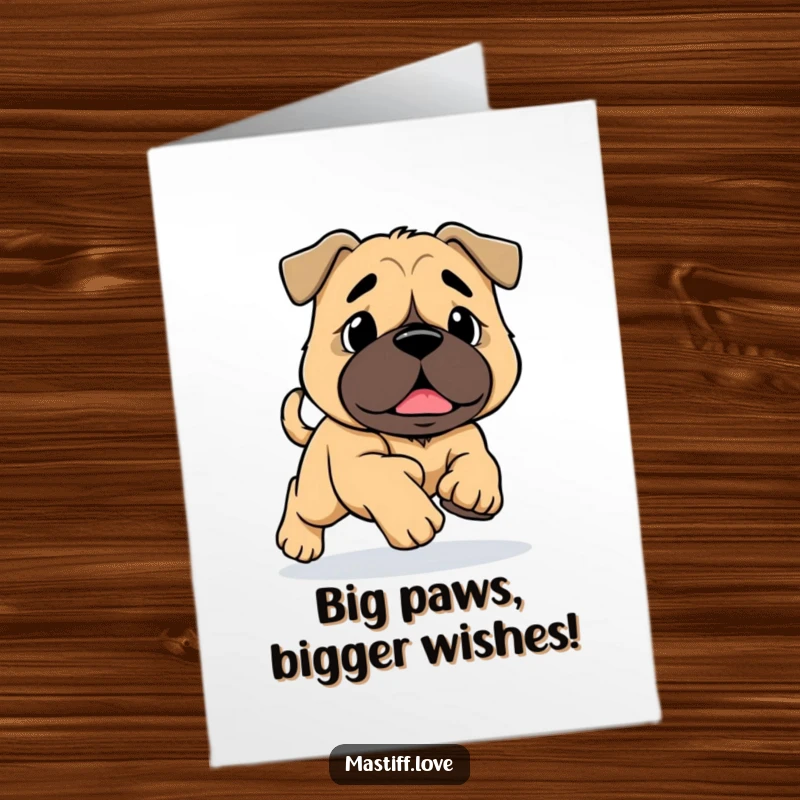 Funny free printable birthday card showing a mastiff with giant paws tripping while running, conveying clumsy birthday joy.
