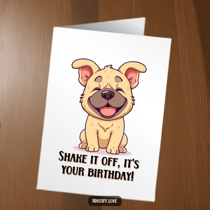 Funny Free Printable Kawaii Mastiff Birthday Card: A cute mastiff joyfully shakes its head, floppy ears flying, ready for a downloadable gift.