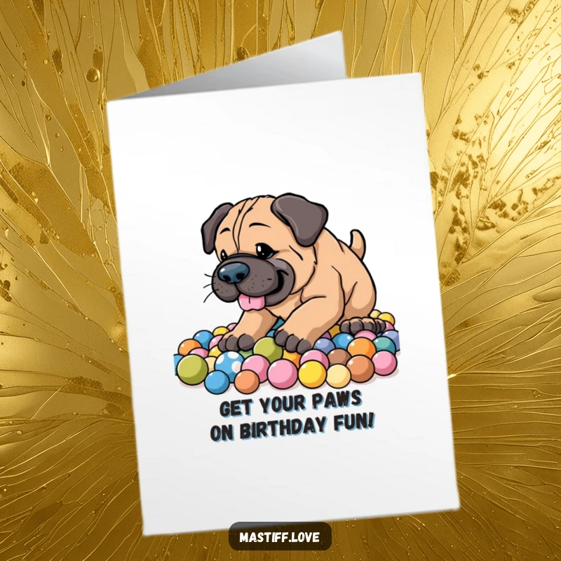 Funny Free Printable Birthday Card: Energetic mastiff gleefully digging through a huge pile of colorful balls. Joyful dog.