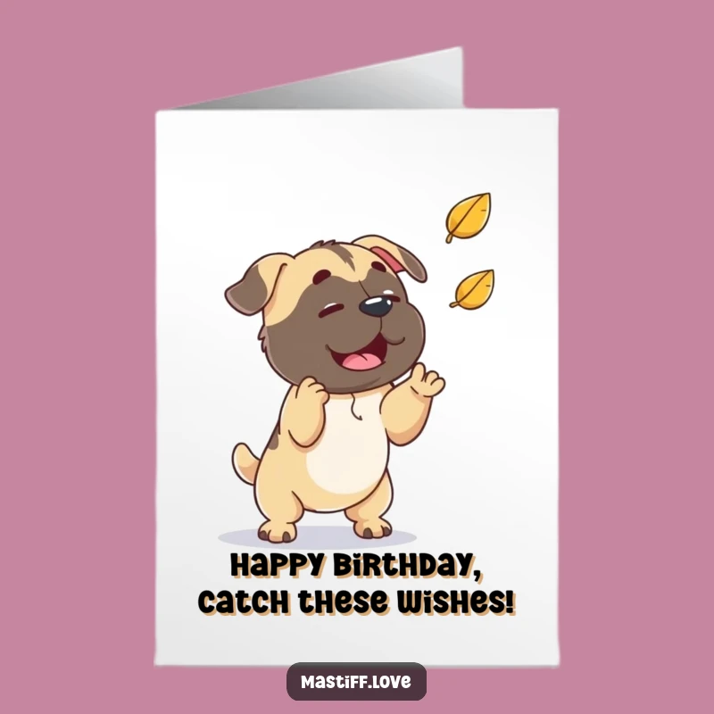 Free Printable Birthday Card: Playful Mastiff Leaf Chase, Fun Downloadable Gift
