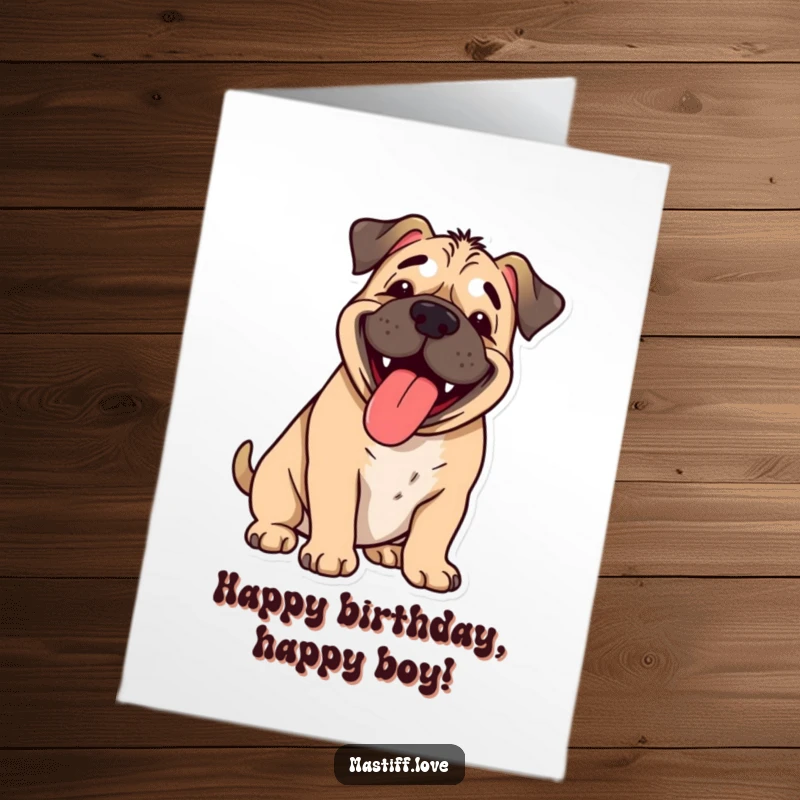 Funny Free Printable Birthday Card: A happy mastiff with its tongue out, panting with pure joy, perfect for birthday wishes. Download now!
