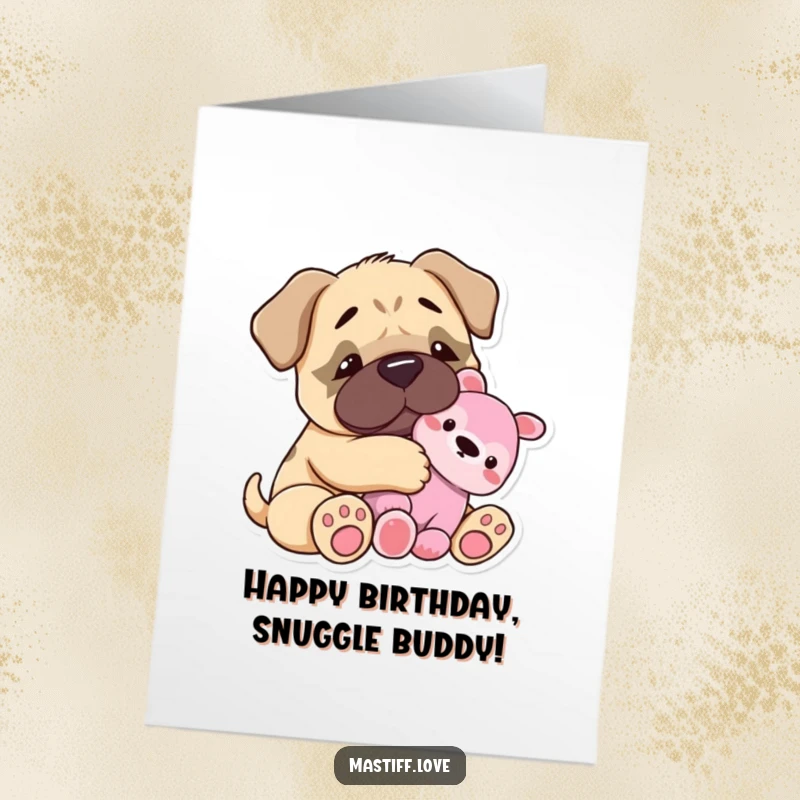 Funny Free Printable Birthday Card: A tiny mastiff happily snuggles close with its favorite plush toy.