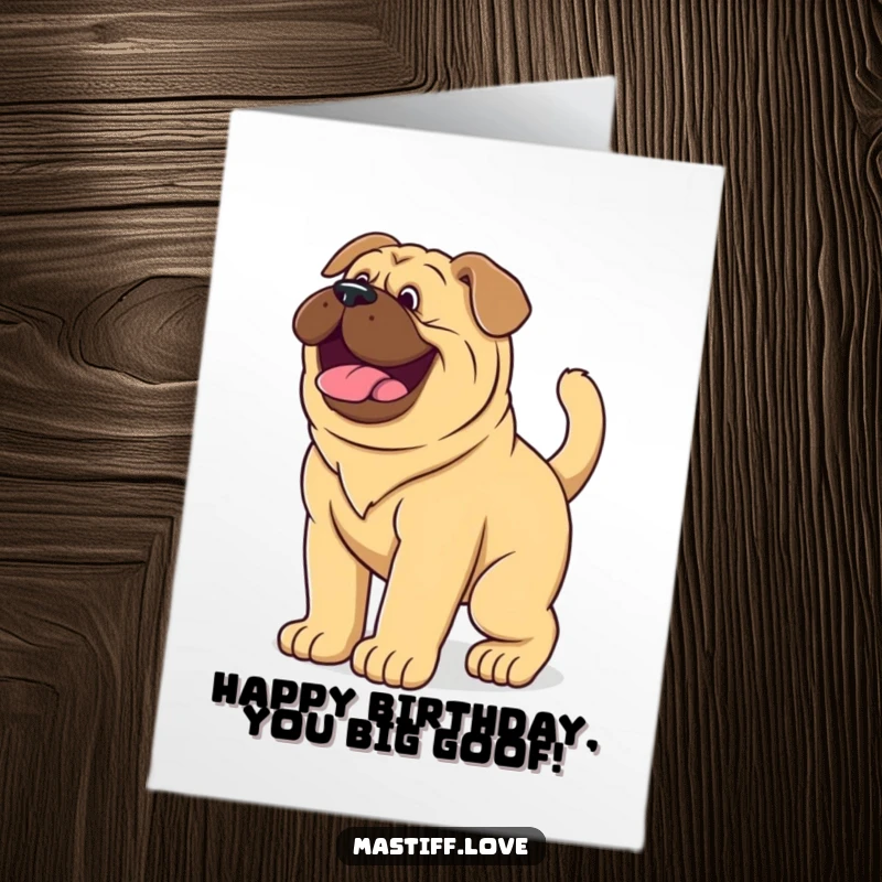 Funny Free Printable Birthday Card featuring a giant mastiff puppy joyfully wagging its tail vigorously, spreading birthday cheer.