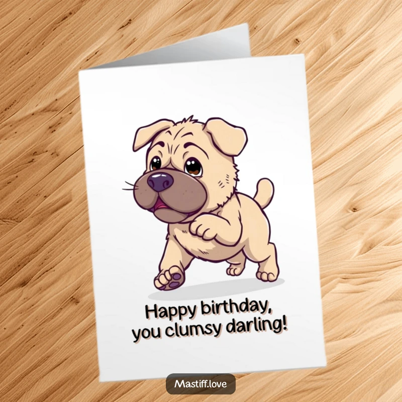 Funny Free Printable Kawaii Mastiff Birthday Card: A cute mastiff hilariously attempting to hop, looking clumsy.