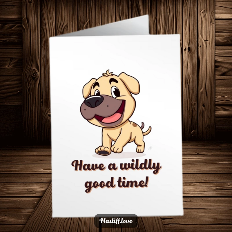 Funny Free Printable Birthday Card: A happy mastiff with a wide, goofy grin, hilariously chasing its own stubby tail.