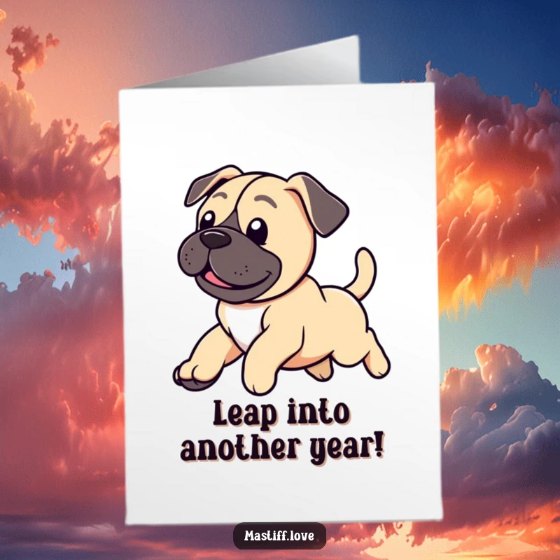 Funny free printable birthday card shows a cute mastiff puppy with a wildly wagging tail, leaping with pure happiness.