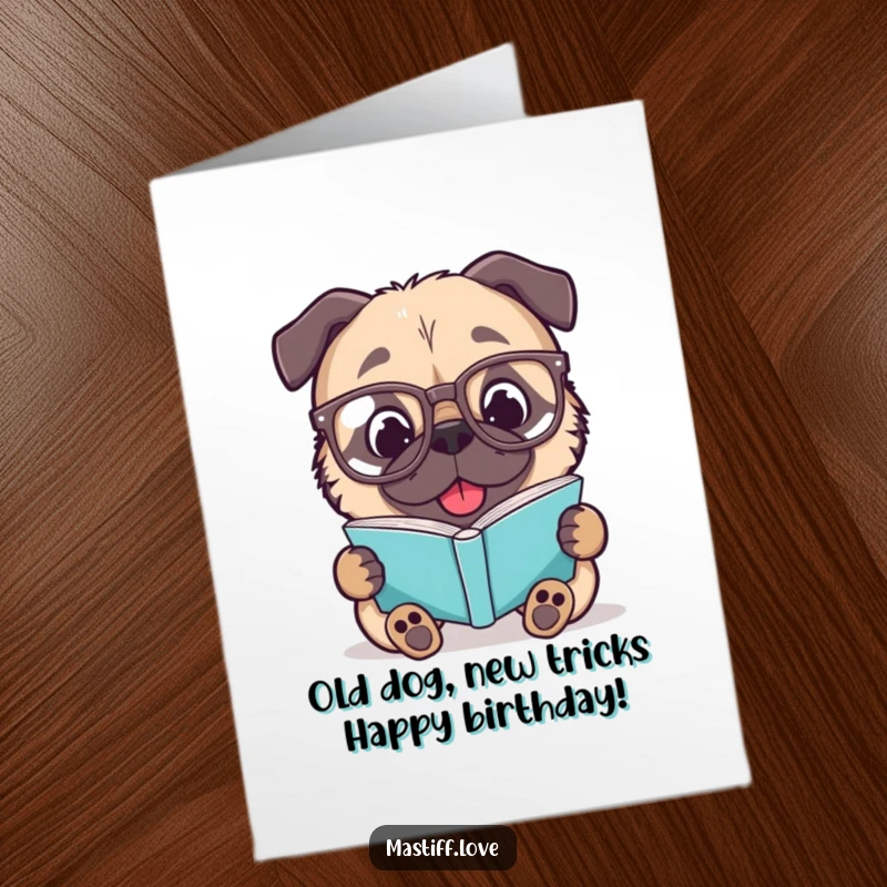 Funny Free Printable Birthday Card: Mastiff in glasses reads book, perfect for a bookworm or dog lover.
