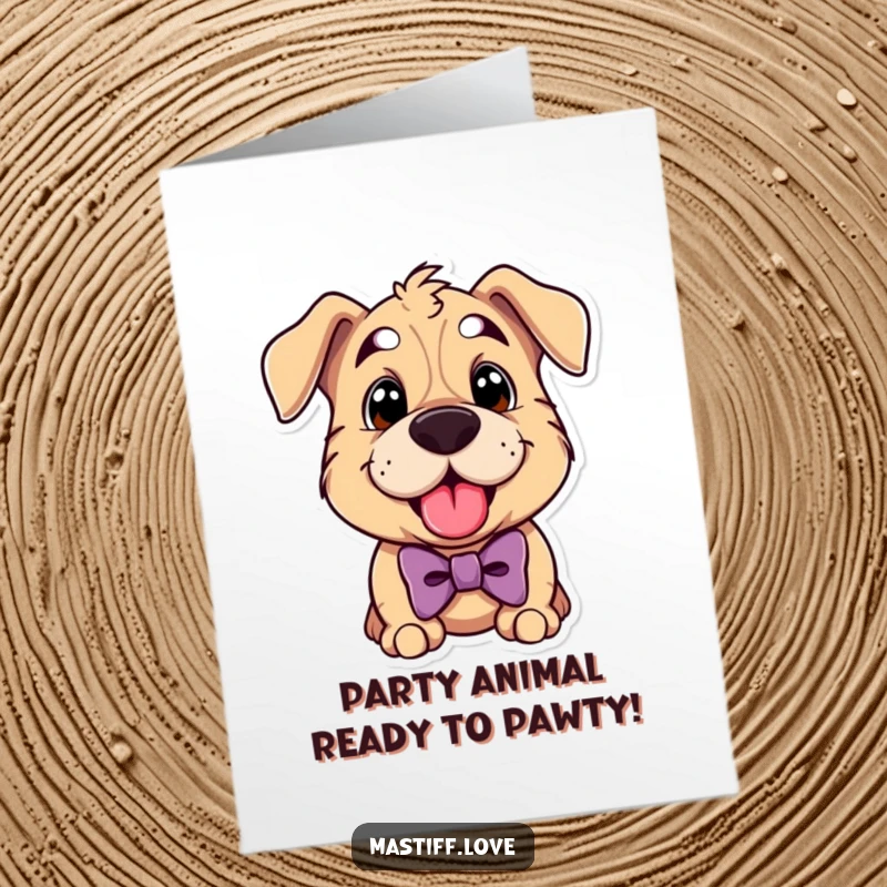 Funny Free Printable Birthday Card: Playful Mastiff in Bowtie Panting Happily for Birthday Fun