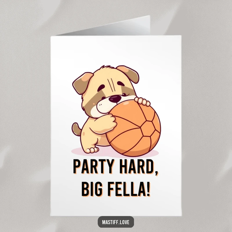 Funny Free Printable Birthday Card: Cute Mastiff Playfully Nudges a Giant Ball with Enthusiasm