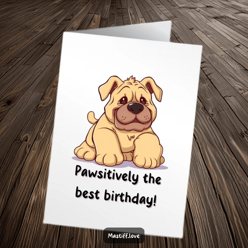 Funny Free Printable Birthday Card: Silly mastiff with big paws tripping comically, perfect for dog lovers.