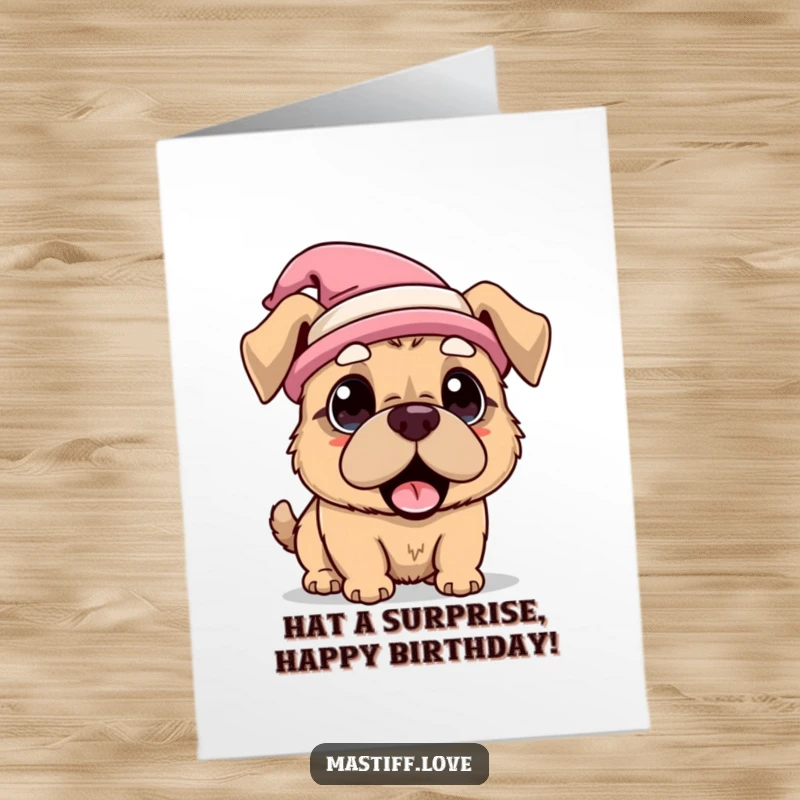 Funny free printable birthday card featuring a kawaii mastiff with a silly party hat on, looking comically surprised.