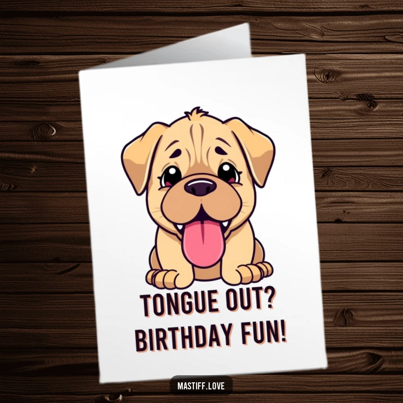 Funny Free Printable Birthday Card: Kawaii Mastiff puppy joyfully panting with a huge, happy tongue, ready for festivities.