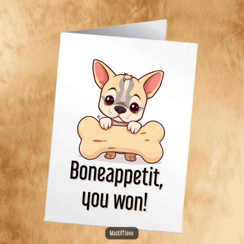 Funny Free Printable Congratulations Card: A little mastiff peeking from behind a massive bone, celebrating success with a playful grin.