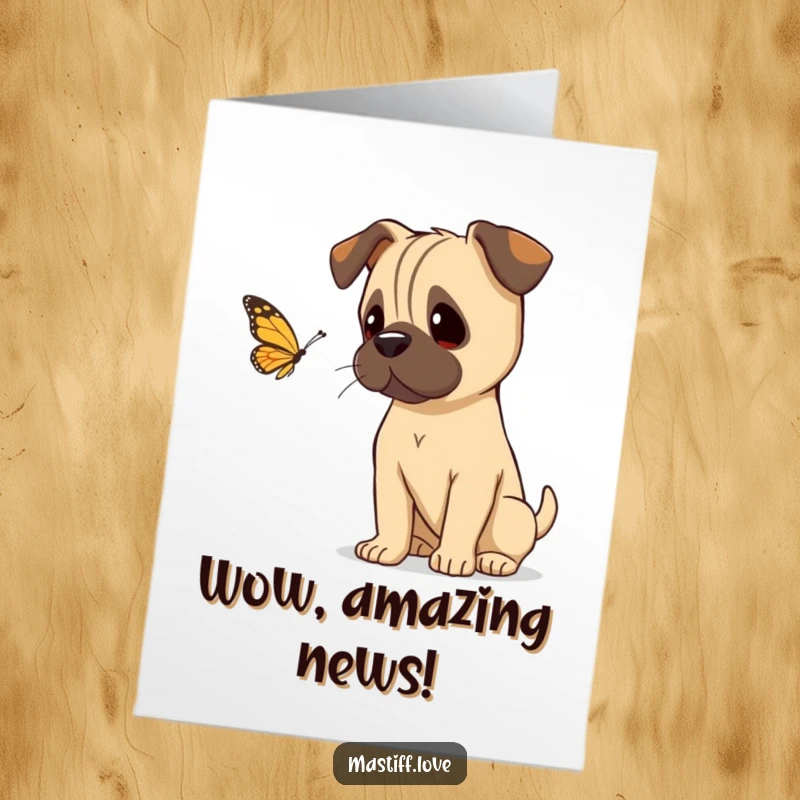 Funny Free Printable Congrats Card: A mastiff tilting its head, observing a beautiful butterfly with gentle curiosity.