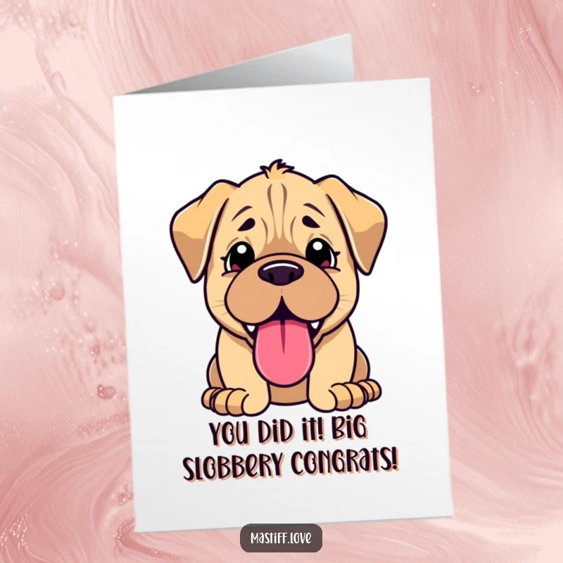 Funny Free Printable Congratulations Card: Cute kawaii mastiff puppy panting with an oversized tongue, celebrating success with a smile.