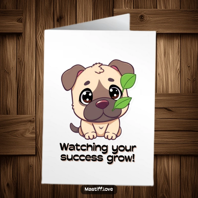 Funny Free Printable Congratulations Card: Cute Mastiff with Wide Eyes Intently Observing a Fluttering Leaf