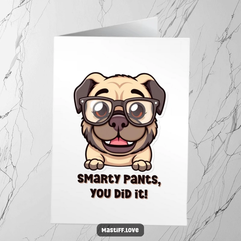 Funny Free Printable Congrats Card: Kawaii mastiff with a goofy grin, wearing oversized, comical glasses, celebrating achievement with a smile.