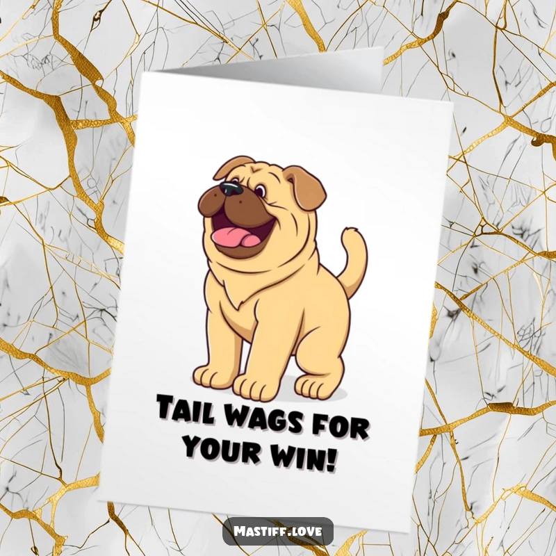 Funny Free Printable Congratulations Card of a giant mastiff puppy vigorously wagging its tail, expressing absolute joy for your success.