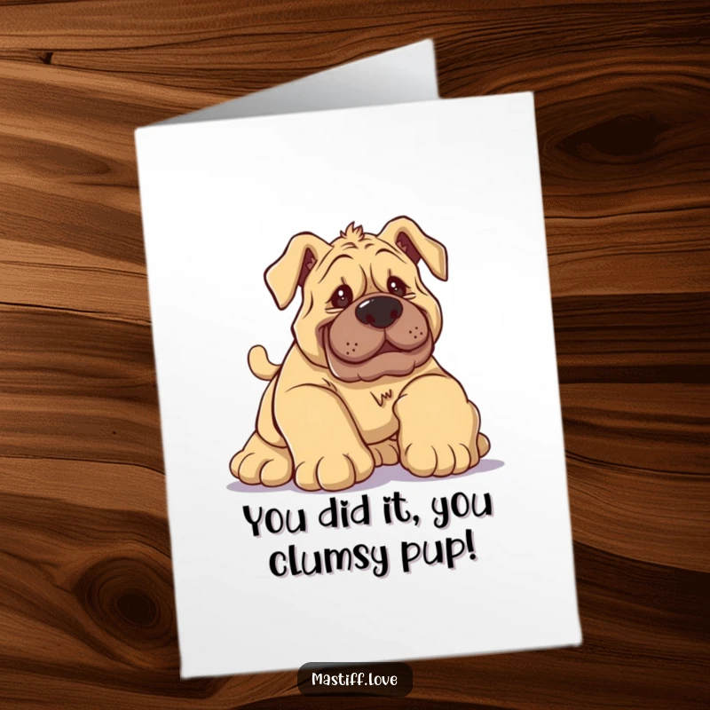 Funny Free Printable Congrats Card: Clumsy mastiff tripping over paws, a hilarious way to say congratulations.