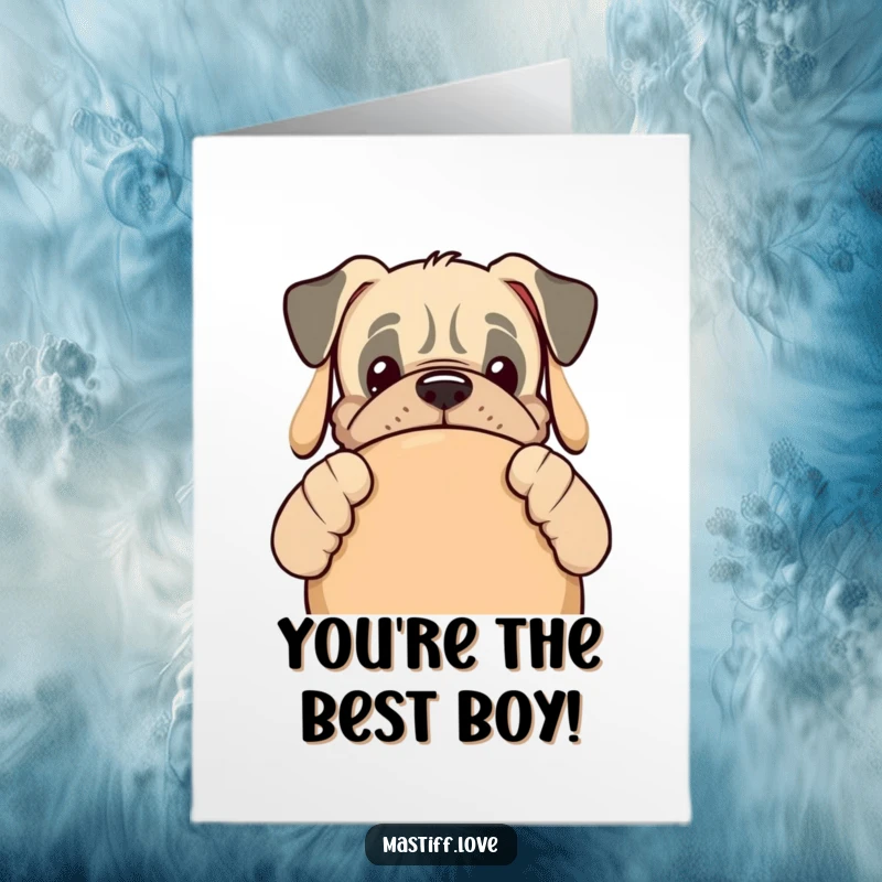 Funny free printable congrats card: Kawaii mastiff hiding behind a comically oversized dog toy. Yay!
