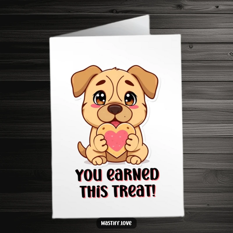 Funny free printable congratulations card: a delighted mastiff offers a heart-shaped cookie, symbolizing sweet success.