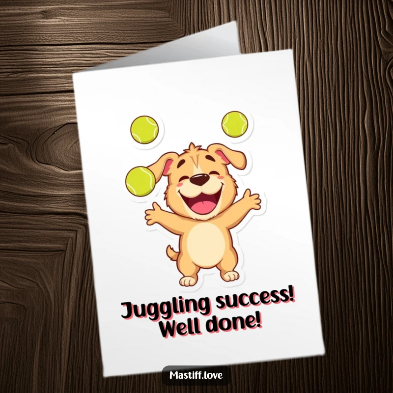 Funny Free Printable Congratulations Card: Happy Mastiff Skillfully Juggling Three Tennis Balls with Joy