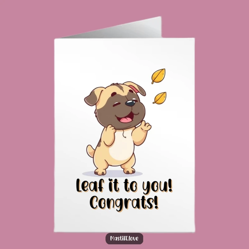 Free Printable Congrats Card: Playful Mastiff Leaf Catch, Celebration Downloadable Gift