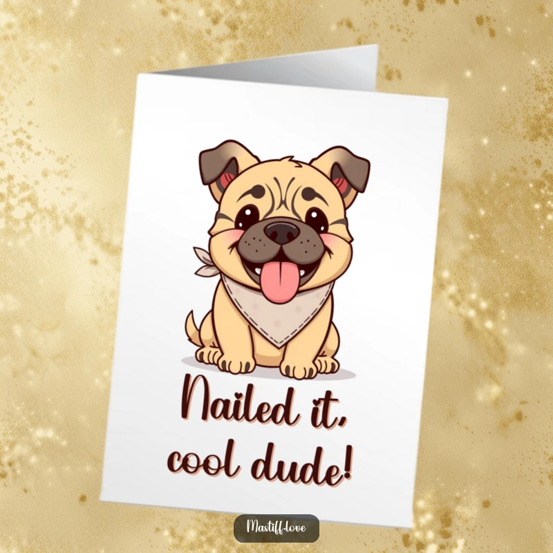 Funny Free Printable Congrats Card: Kawaii mastiff wearing a tiny bandana, tongue lolling out happily, celebrating success with enthusiasm.